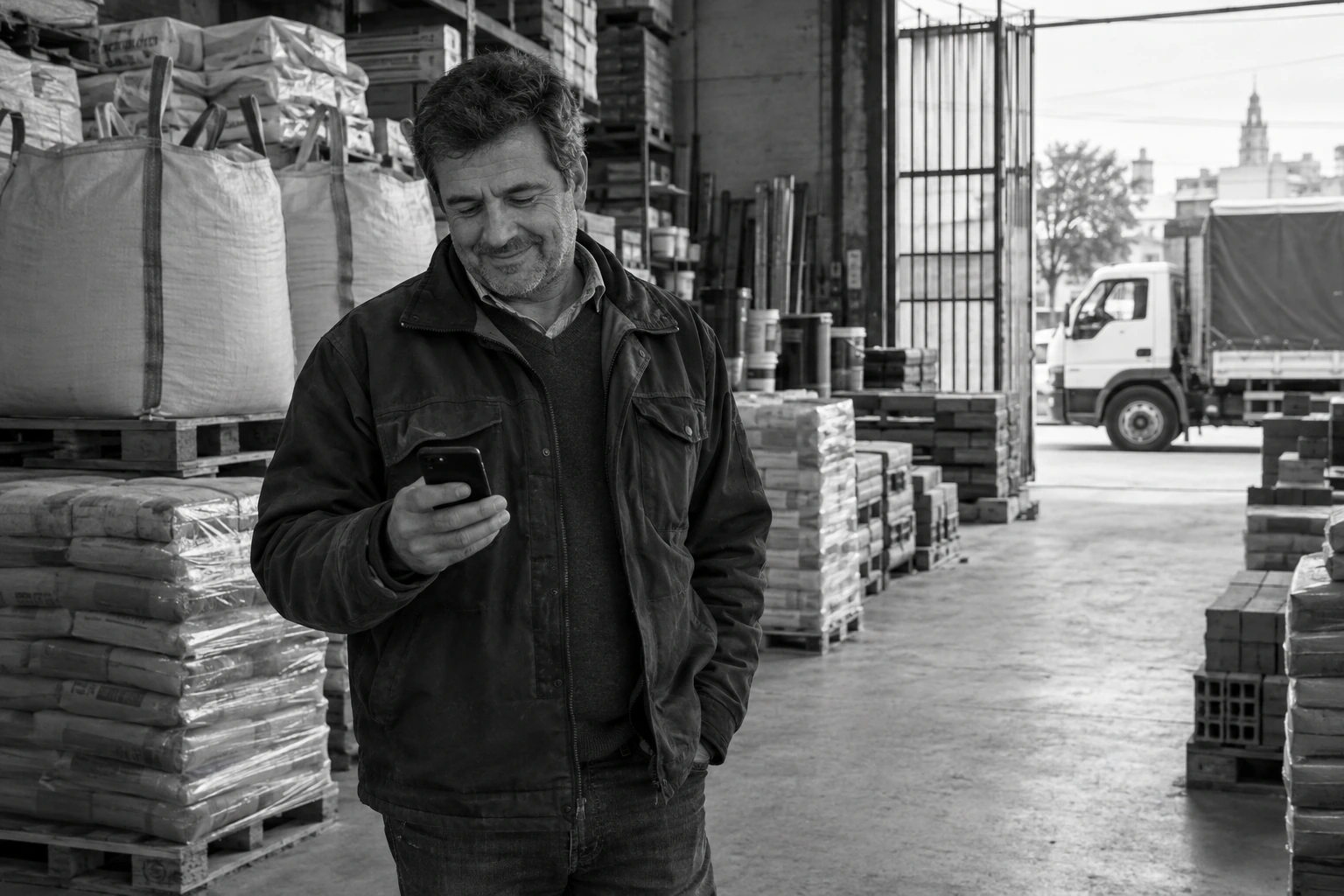 Dueño de una empresa de materiales mirando un mensaje en el celular en su depósito