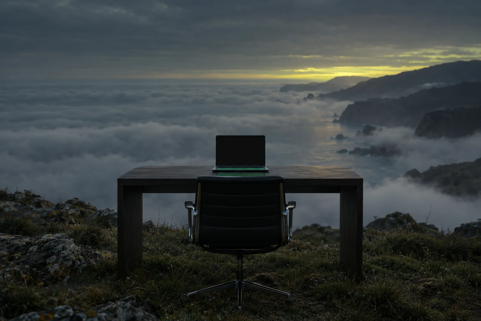 Un escritorio con una laptop sobre un acantilado entre nubes al atardecer
